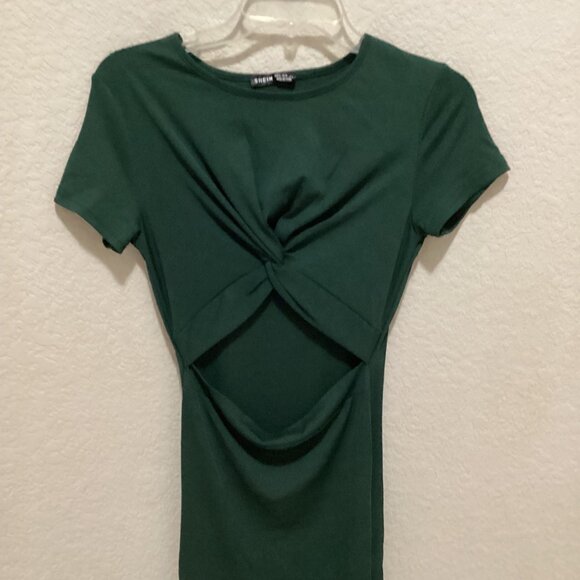 Green Twist-Front Bodycon Dress With Short Sleeves Size S - Picture 3 of 5